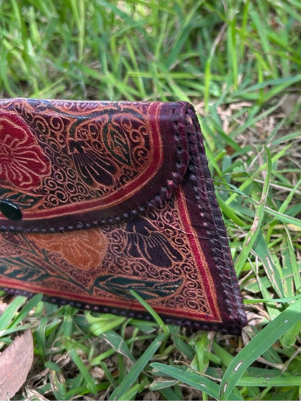 Vintage Handcrafted Leather Tooled Floral Envelope Leather Clutch - Red & Brown